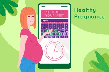 Pregnancy medical appointment. Pregnant happy beautiful young woman makes an appointment with a doctor using a calendar. Flat cartoon vector illustration of a woman awaiting the birth of a child.