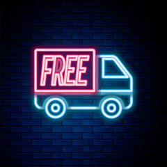 Glowing neon line Free delivery service icon isolated on brick wall background. Free shipping. 24 hour and fast delivery. Colorful outline concept. Vector