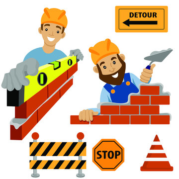Set of builders. Man engineer, man laying bricks. Construction, stop sign, triangle, detour sign. 
