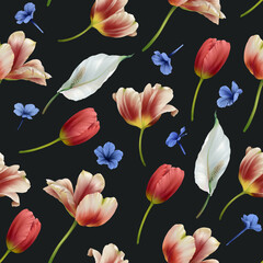 Seamless pattern of tulip and white and blue flowers on dark background