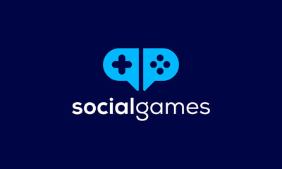 Logo combination from bubble chat with joystick game design concept