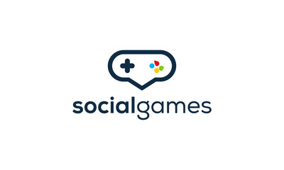 Logo combination from bubble chat with joystick game design concept