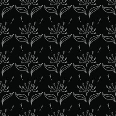 Seamless pattern with white  flowers and leaves on a  blackbackground. Suitable for fabric, wrapping paper, wallpaper, bags, clothes, dishes, cases on smartphones and tablets, wallets.