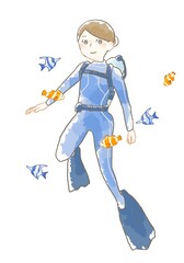 Fototapeta premium 優しいタッチのダイビングをする女性のイラスト