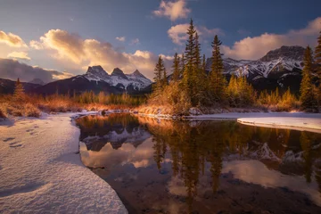 Peel and stick wall murals Reflection Three Sisters from Policeman Creek after sunrise reflected in the Bow River, Canmore, Alberta, Canada