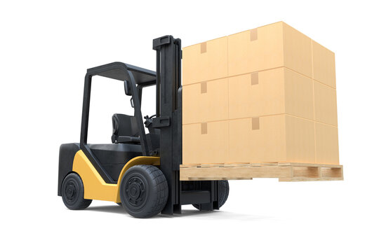 The forklift truck is lifting a pallet with cardboard boxes on white background