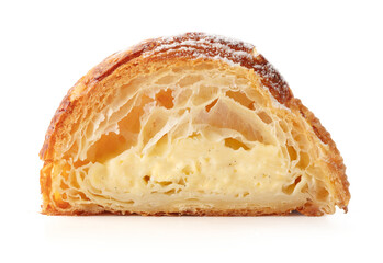 cut half of fresh baked croissant isolated on white background