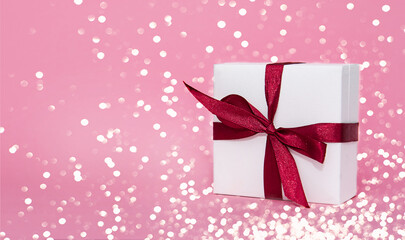 Beautiful gift box with a bow on a pink background with bokeh