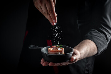 Man cooking meat steak. Raw filet Mignon steak covered bacon. Medallions steaks. banner, menu recipe