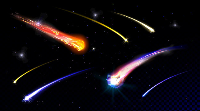 Star Shooting, Comets In Starry Sky Or Deep Space Falling With Fire Trail. Meteorites On Galaxy Background With Transparency. Fireball Meteors Explosions In Cosmos, Realistic 3d Vector Illustration