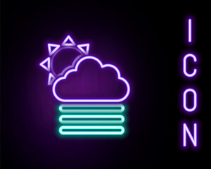 Glowing neon line Fog and cloud with sun icon isolated on black background. Colorful outline concept. Vector