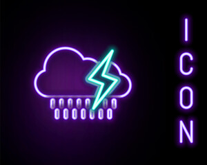 Glowing neon line Cloud with rain and lightning icon isolated on black background. Rain cloud precipitation with rain drops.Weather icon of storm. Colorful outline concept. Vector