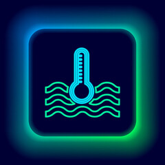 Glowing neon line Water thermometer measuring heat and cold icon isolated on black background. Thermometer equipment showing hot or cold weather. Colorful outline concept. Vector