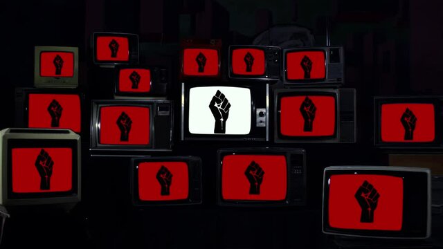 Black Lives Matter, Clenched Fist Sign and Retro Television Sets. 4K Resolution.