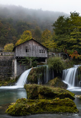 Fototapeta na wymiar waterfall in autumn at old mill