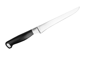 Steel carving knife with black plastic handle white background isolated close up, big metal chef knife, sharp stainless blade, paring knife, butcher knife, cooking food, kitchen utensil, cutting tool
