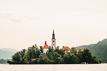 Lake Bled Slovenia. Beautiful mountain lake with small Pilgrimage Church. Most famous Slovenian...
