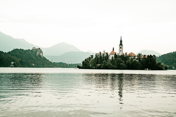 Lake Bled Slovenia. Beautiful mountain lake with small Pilgrimage Church. Most famous Slovenian...