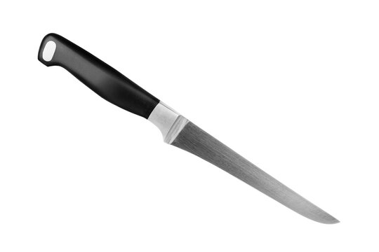 Steel carving knife with black plastic handle white background isolated close up, big metal chef knife, sharp stainless blade, paring knife, butcher knife, cooking food, kitchen utensil, cutting tool
