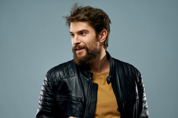 Fototapeta premium cute bearded man musician leather jacket attractive look lifestyle