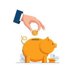 Save or Save Up Money vector illustration. Hand is putting coin into the piggy bank for saving money. Financial services, savings account, money management business concept for web, banner. Flat style