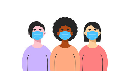 Group of the different ethnic women wearing medical masks isolated on white background. Coronavirus protection, pandemic prevention measures. COVID-19 prevention concept. Vector flat