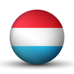 Glass ball with flag of Luxembourg. Round sphere, template icon. Luxembourgish national symbol. Glossy realistic ball, 3D abstract vector illustration highlighted on a white background. Big bubble