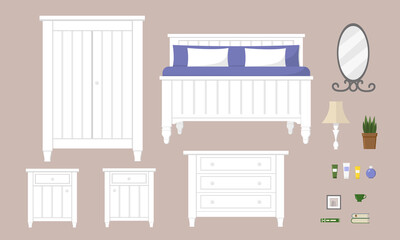 Set of white wooden bedroom furniture with double bed, wardrobe, night tables, chest of drawers and complements. Isolated vector illustration.