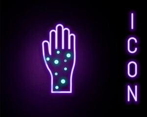 Glowing neon line Hand with psoriasis or eczema icon isolated on black background. Concept of human skin response to allergen or chronic body problem. Colorful outline concept. Vector