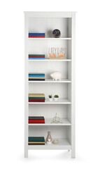 Modern shelf unit with books and decor on white background