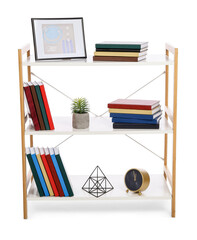 Modern shelf unit with books and decor on white background