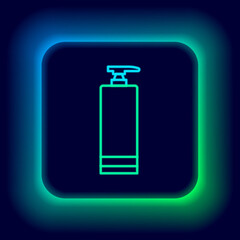 Glowing neon line Cream or lotion cosmetic tube icon isolated on black background. Body care products for woman. Colorful outline concept. Vector