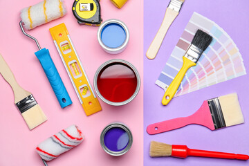 Cans of paints and tools on colorful background