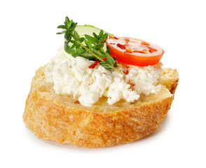 Bread with cottage cheese, tomato and cucumber on white background