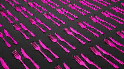 Group of fork and spoon of pink color is placed on gray gradient background. Concept of cutlery in...