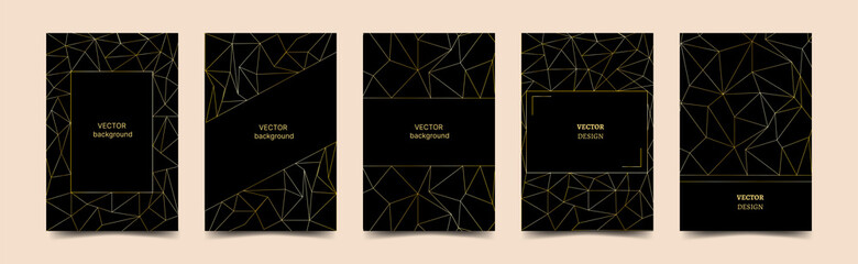 Set of vector abstract poster template with dynamic geometric shapes. Gold lines on a black background. Elegant design for banner, flyer, invitation, cover, business card.