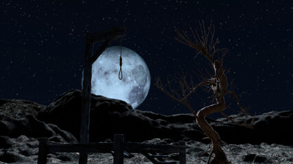 Gallow at a spooky night with blue full moon - obrazy, fototapety, plakaty