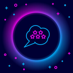 Glowing neon line Five stars customer product rating review icon isolated on black background. Favorite, best rating, award symbol. Colorful outline concept. Vector