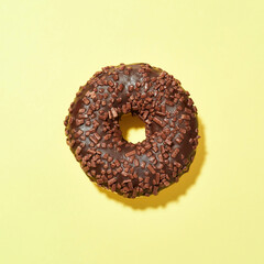 Yummy dessert. Freshly baked delicious chocolate donut with sprinkles isolated over yellow...