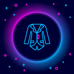 Glowing neon line Blazer or jacket icon isolated on black background. Colorful outline concept. Vector