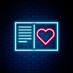 Glowing neon line Valentines day flyer with heart icon isolated on brick wall background. Celebration poster template for invitation or greeting card. Colorful outline concept. Vector
