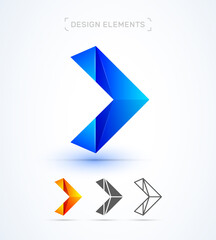 Arrow sign. Abstract play button logo design. Origami, vector, 3d style