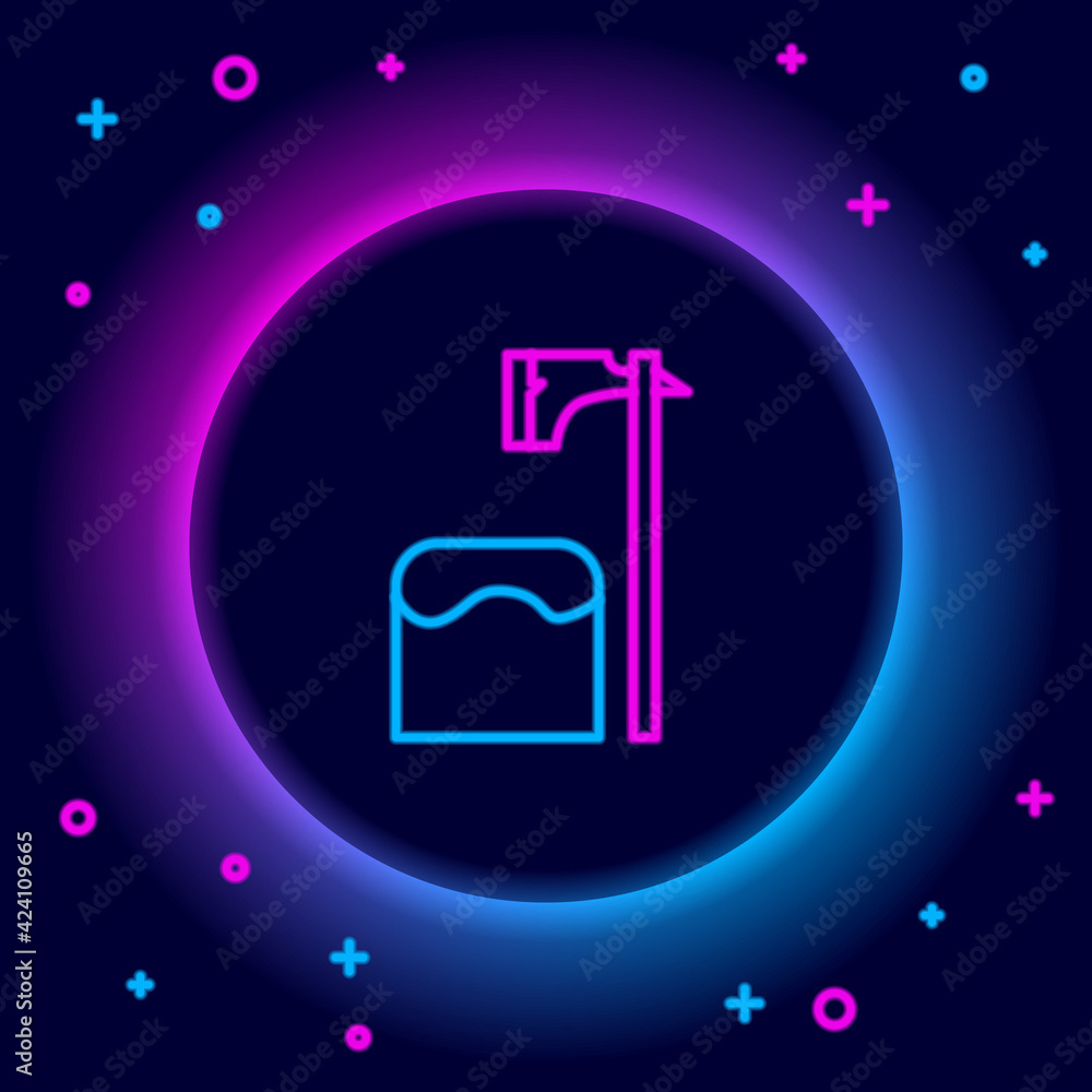 Poster glowing neon line executioner axe in tree block icon isolated on black background. hangman, torturer