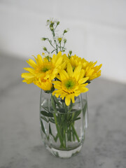 Yellow Gerbera Flower beautiful bouquet in water glass colorful beautiful on white marble table, Barberton daisy