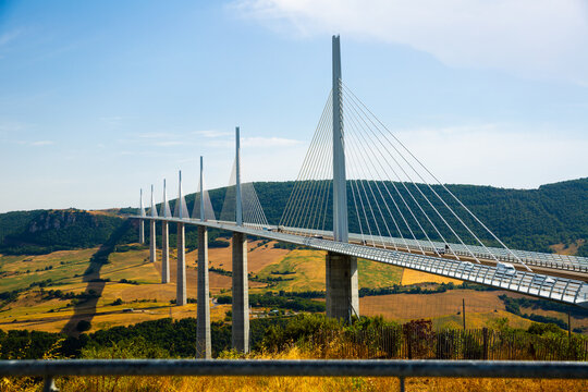 MILLAU, FRANCE - AUGUST 11, 2020: Viaduct Millau cable-stayed bridge over the Tarn valley near Millau city in southern France