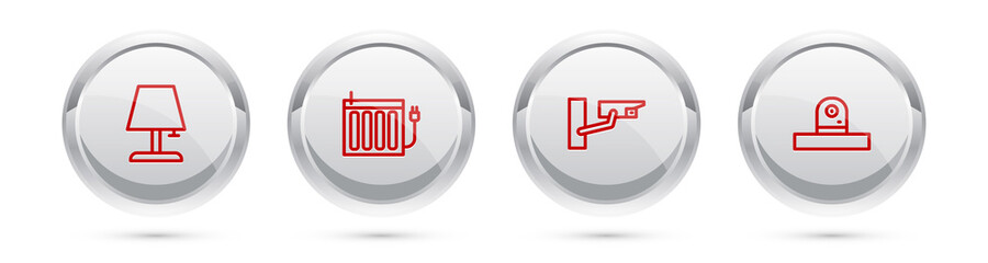 Set line Table lamp, Heating radiator, Security camera and . Silver circle button. Vector