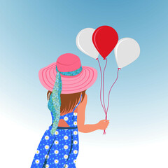 A girl with red and white balloons, a view from the back.