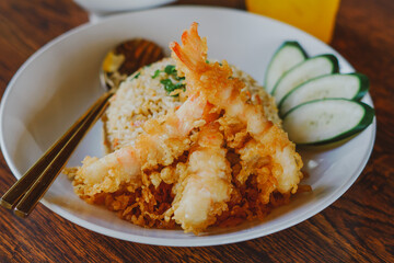 Unique style Thai shrimp fried rice serves on the dish 