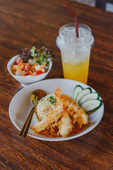 Unique style Thai shrimp fried rice serves on the dish 