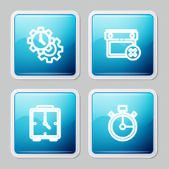 Set line Time Management, Calendar date delete, Alarm clock and Stopwatch icon. Vector